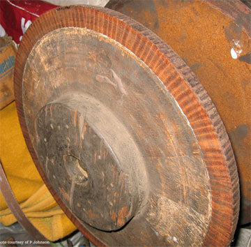 Wooden wheel with leather fins for grinding. Photo by Peter Johnson