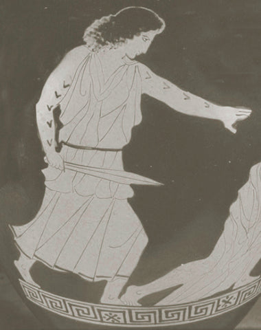 Greek xiphos in hand from art on vase