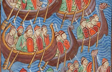Vikings with spears in boats detail of picture from The Morgan Library & Museum