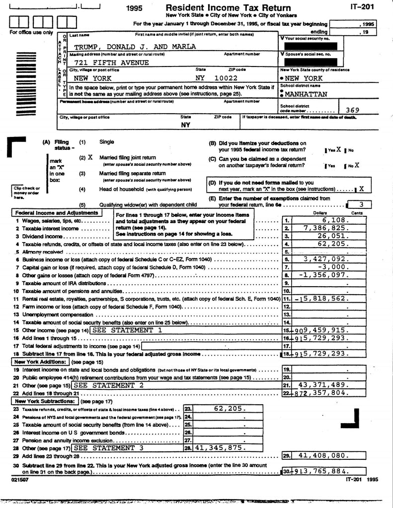 LEAKED: THE NEW YORK TIMES HAVE OBTAINED DONALD TRUMP'S 1995 TAX ...