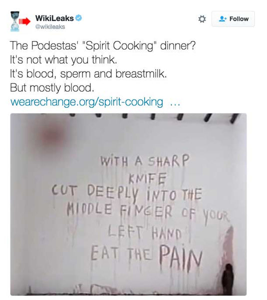 The Podestas' "Spirit Cooking" dinner? It's not what you think. It's blood, sperm and breastmilk. But mostly blood.