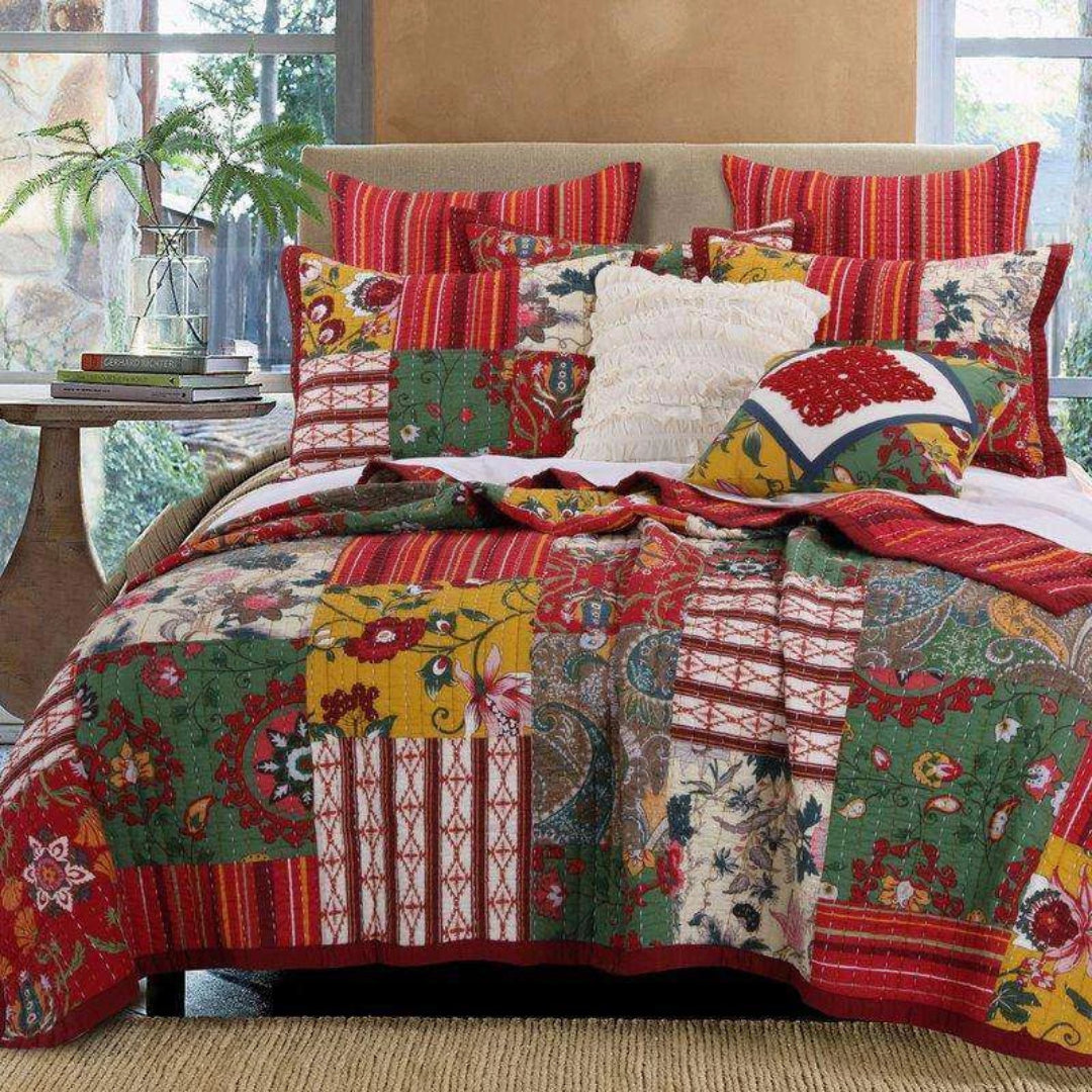 Boho Reversible Red Floral Kantha Coverlet Set Kantha Collection