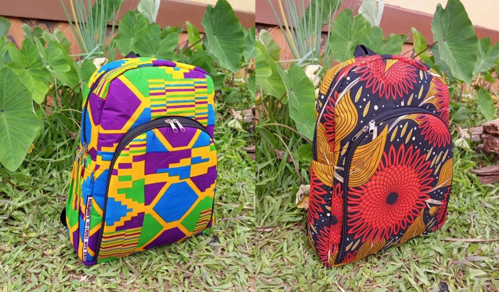 Colourful backpack in kente and orange flower