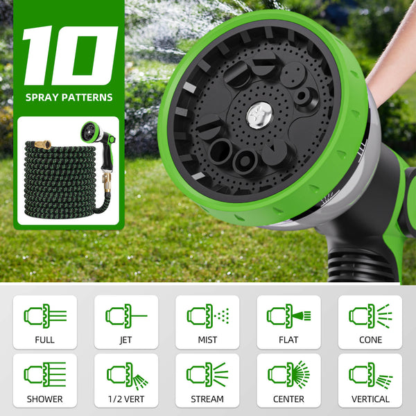 Huepar Flexible 100ft Garden Hose with 4-Layer Latex, 10 Function Spray Nozzle, and Solid Brass Fittings for Efficient Irrigation0