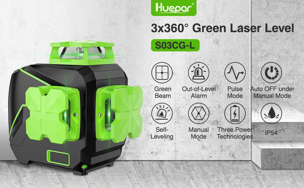 Herramienta láser Huepar 3D Cross Line autonivelante de nivel 3 x 360 Green  Beam de tres planos, batería de iones de litio con puerto de carga tipo C y  funda rígida incluida