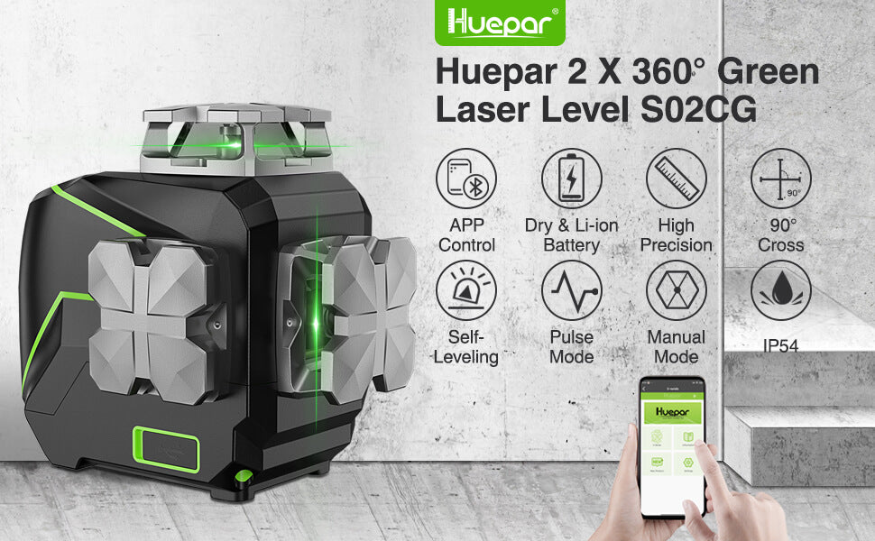 Huepar S02CG 2x360 Self-Leveling Cross Line Laser with Bluetooth Connectivity and Metal Laser Window6