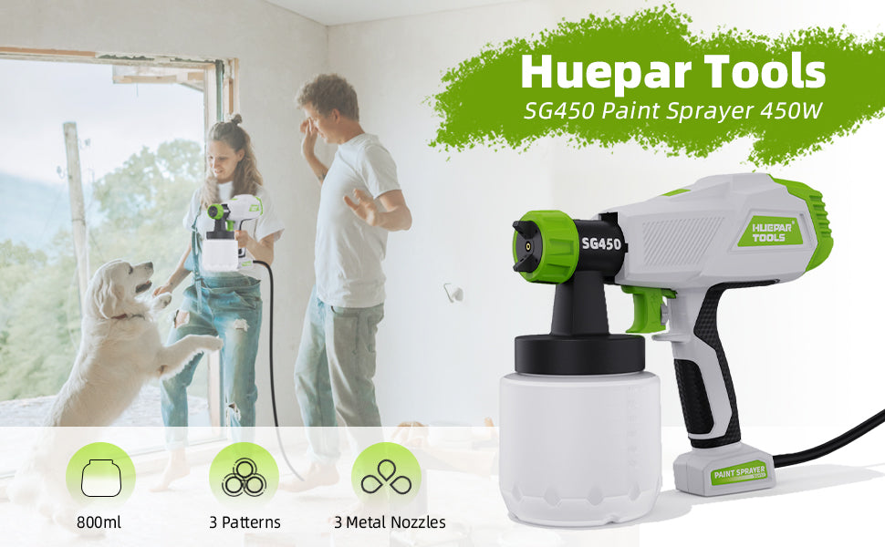 Huepar Tools SG450 HVLP electric paint sprayer with 800ml capacity and 3 metal nozzles, suitable for home interior and exterior walls, ceiling, cabinet, fence, and chair8
