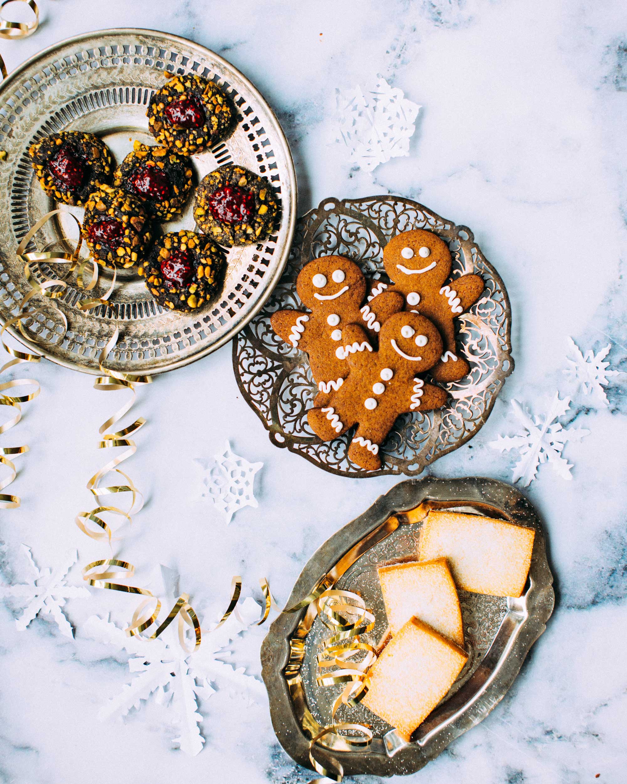 overhead image of plant-based baked snacks displayed decoratively