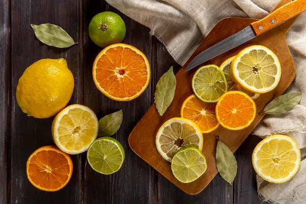 Slices of oranges and lemons on a table with knife and cutting board