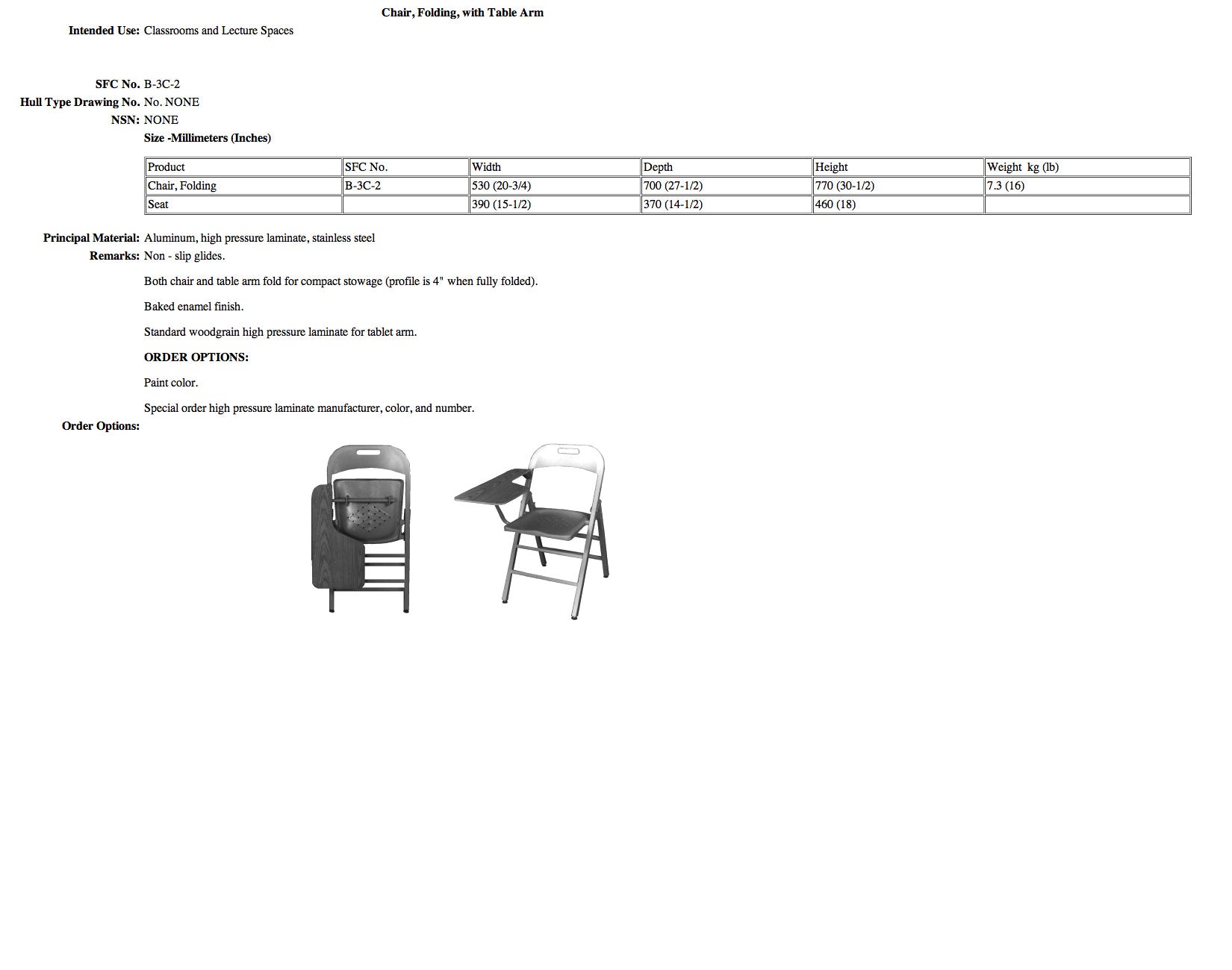 B-3C-2 chair, folding, with table arm