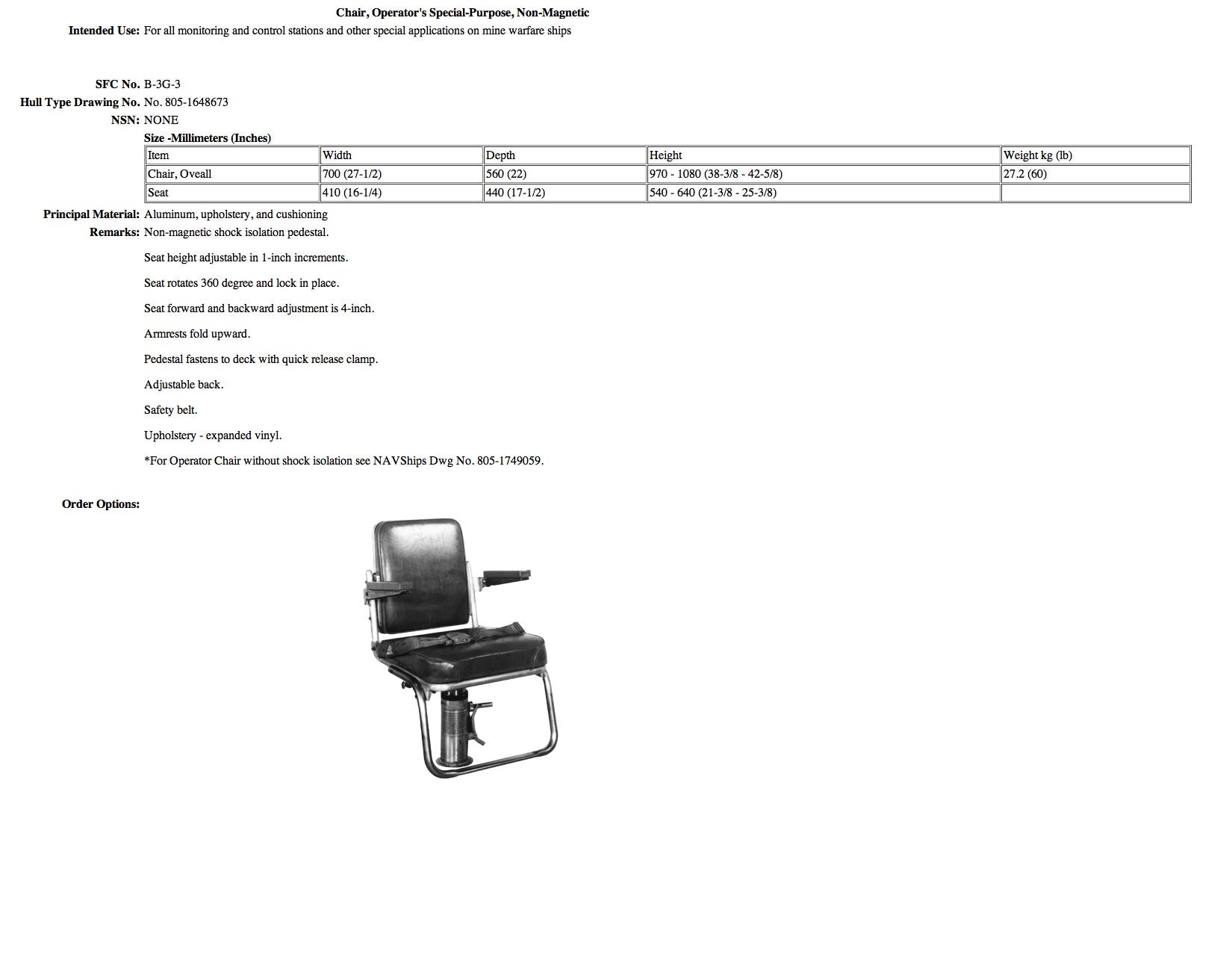 B-3G-3 chair, operator's special purpose, non-magnetic