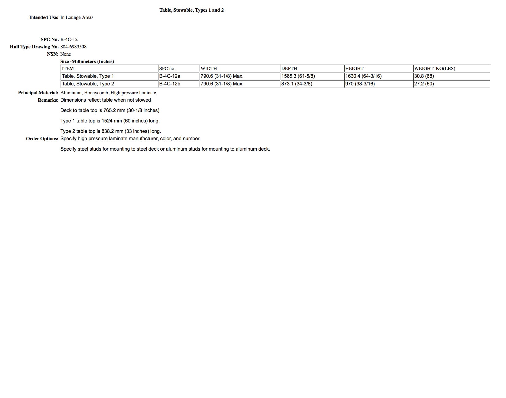 B-4C-12 table, stowable, Types I and II