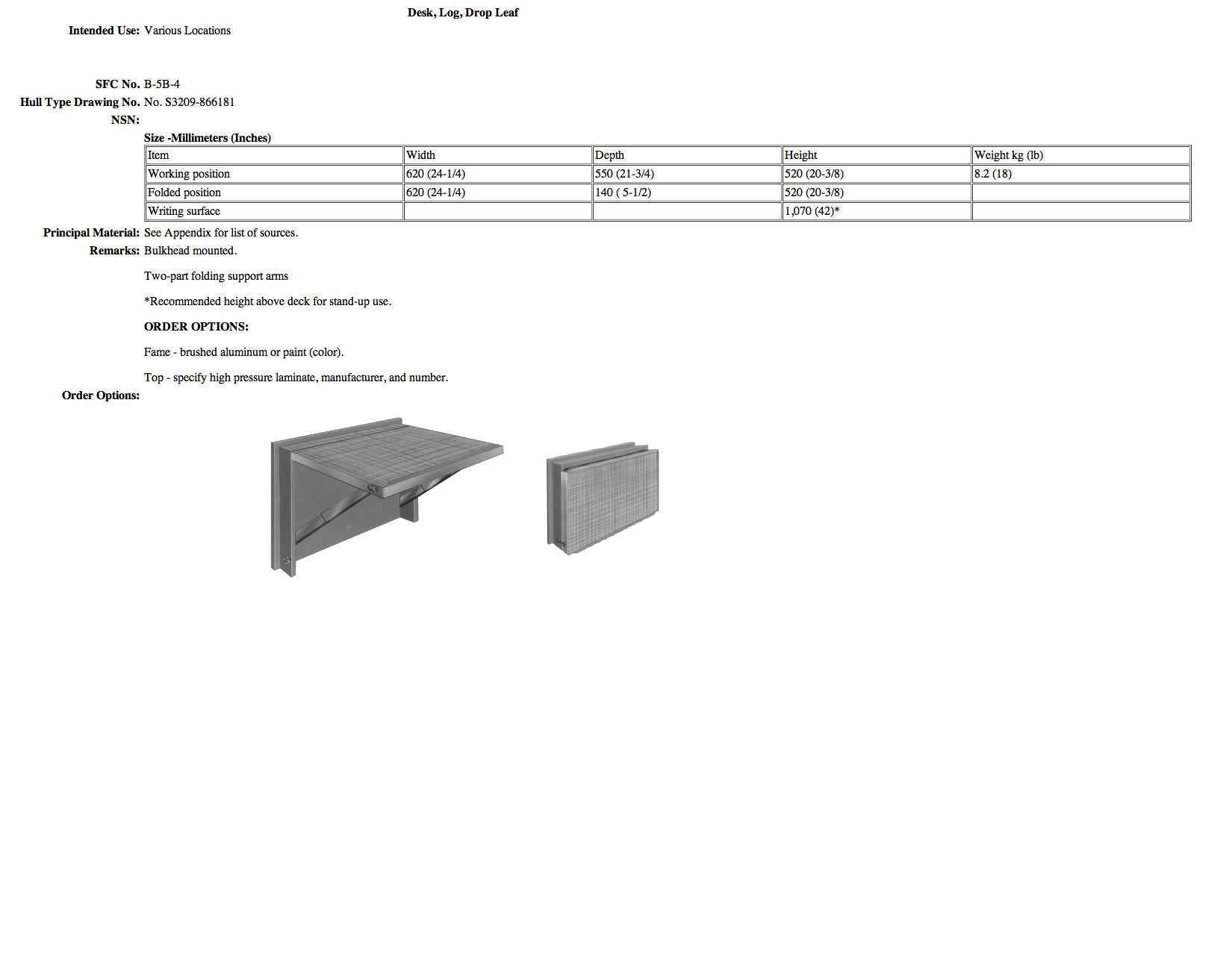 B-5B-4 desk, log, drop leaf