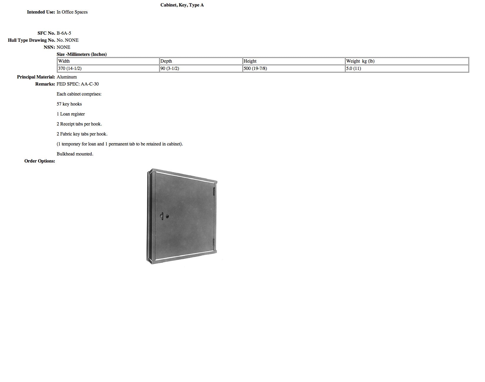 B-6A-5 cabinet, key, Type A