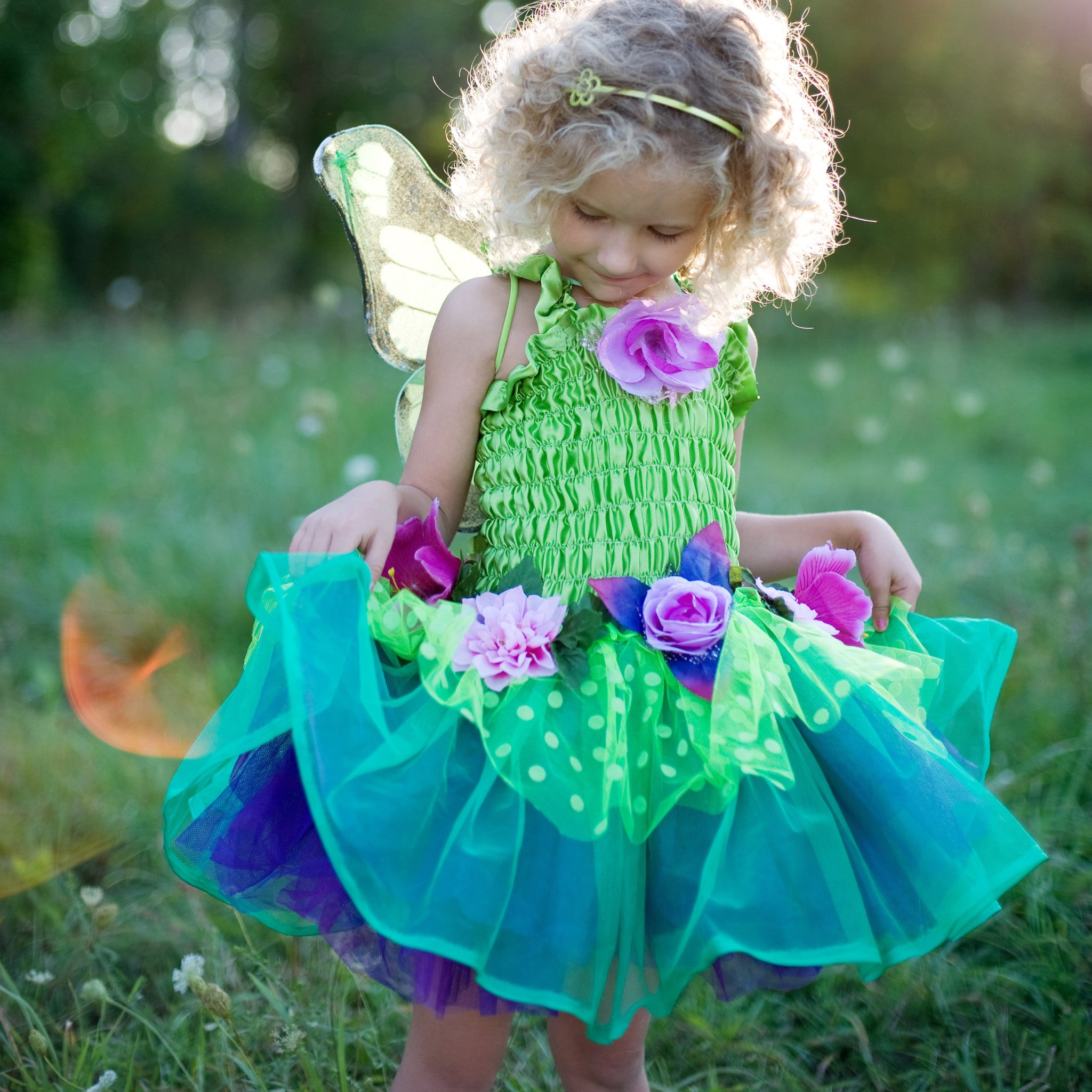 Fairy Blooms Dress Green with Wings - Putti Fine Furnishings