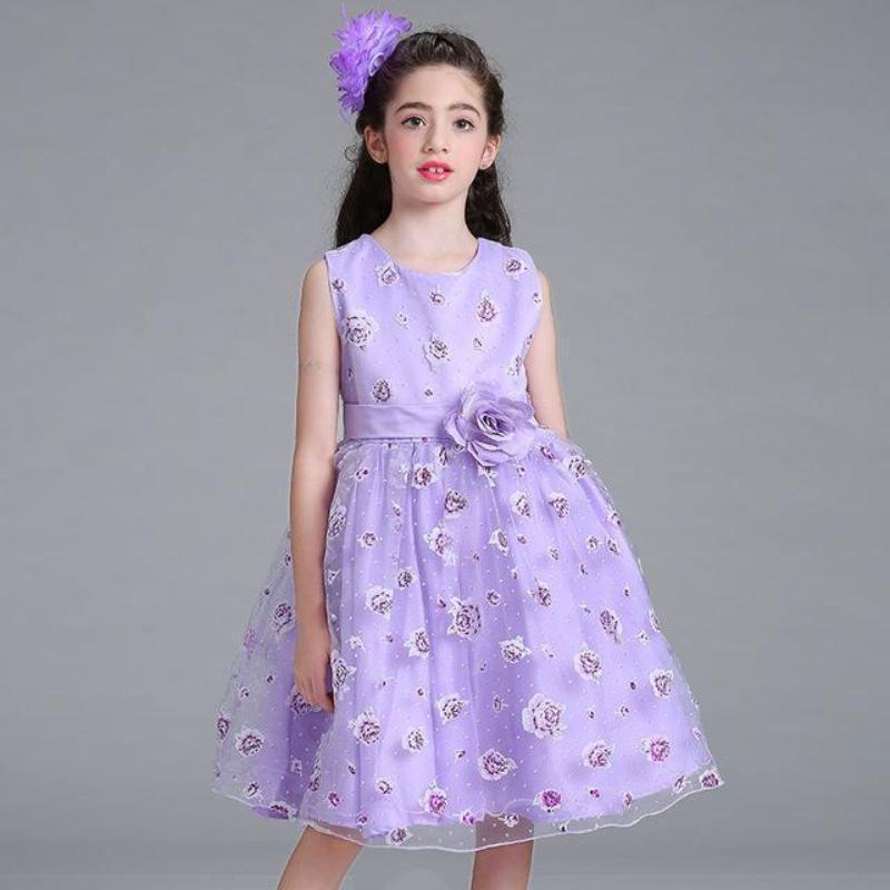 Floral Print Wide Sash Pleated Ball Gown Kids Party Dresses