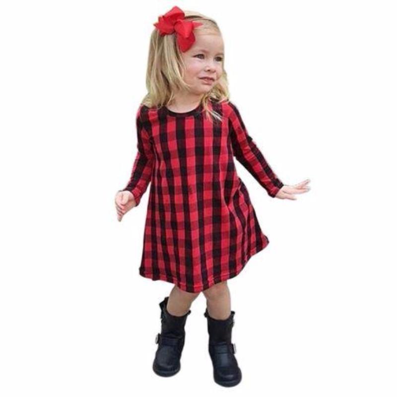 Red Plaid Asymmetric Casual Girls Dress