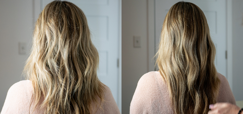 side by side images of a woman with blonde hair modeling the difference between hair without TYMELESS repair and shine spray and with