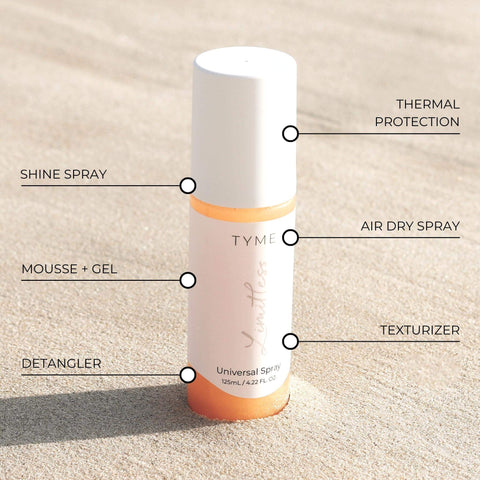 a white hair care bottle sits in sand with callouts that read thermal protectant, texturizer, air dry spray, mousse and gel, detangler, and shine spray