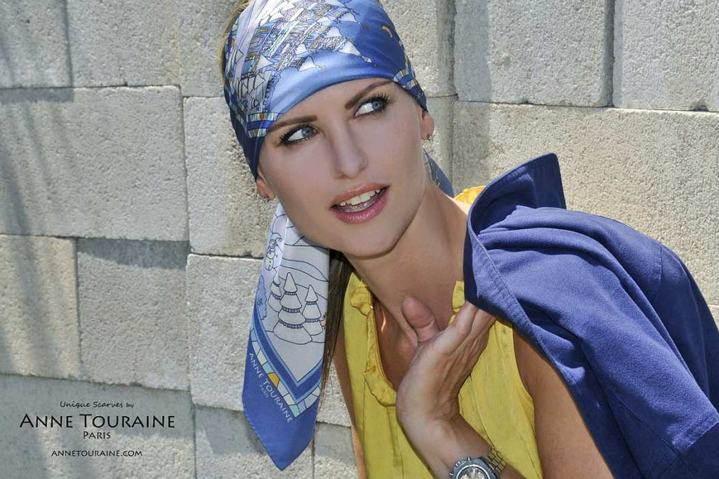 French silk scarves by ANNE TOURAINE Paris™: Russia inspired blue scarf tied as a modern extra large headband