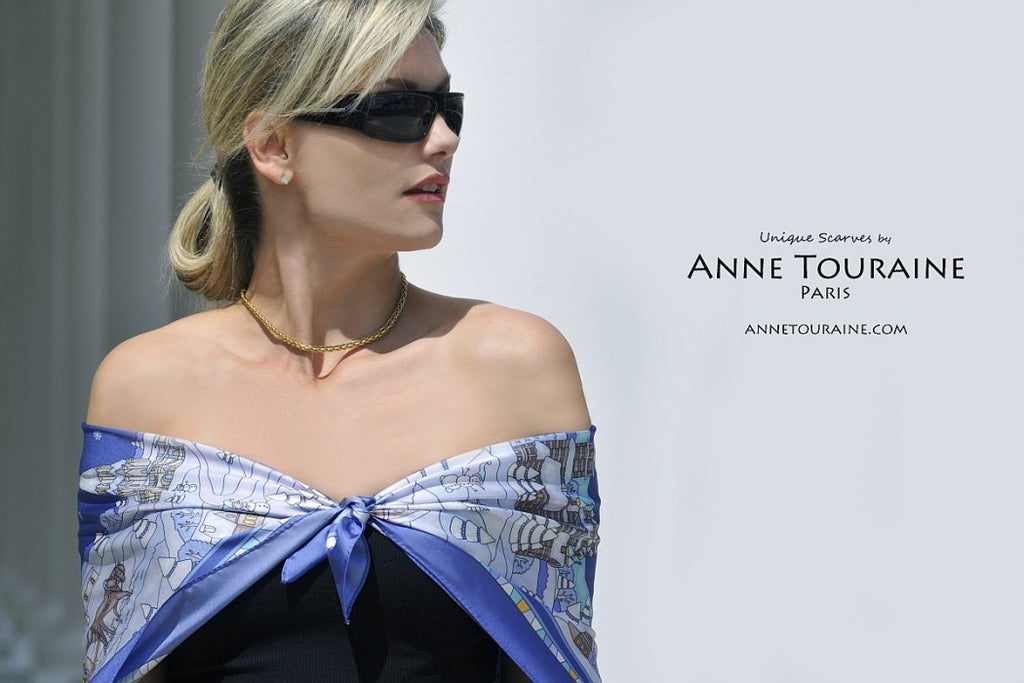 French silk scarves by ANNE TOURAINE Paris™: Russia inspired blue scarf tied as low shoulder wrap
