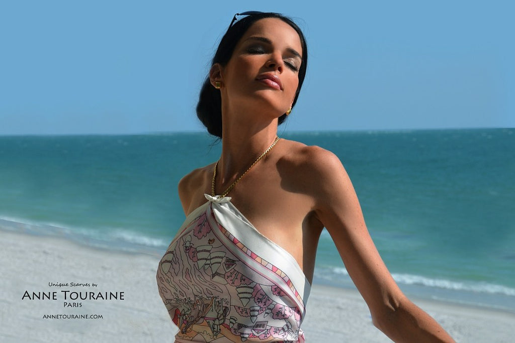 French silk scarves by ANNE TOURAINE Paris™: Russia inspired pink scarf turned into a stunning halter top
