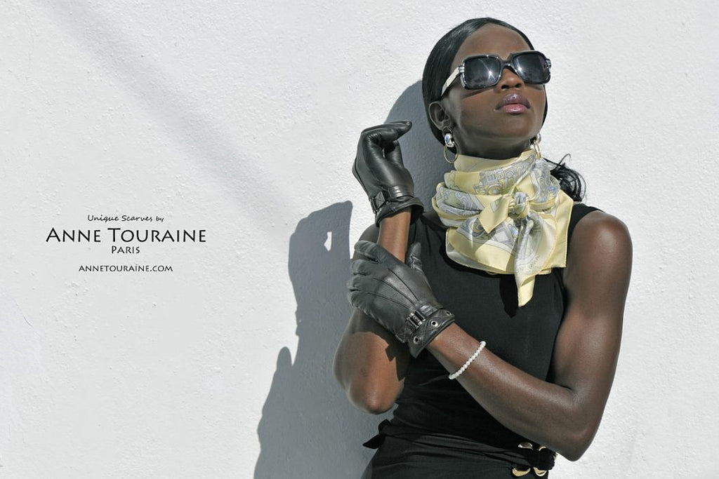 French silk scarves by ANNE TOURAINE Paris™: Paris inspired yellow scarf tied as fluffy neck scarf 