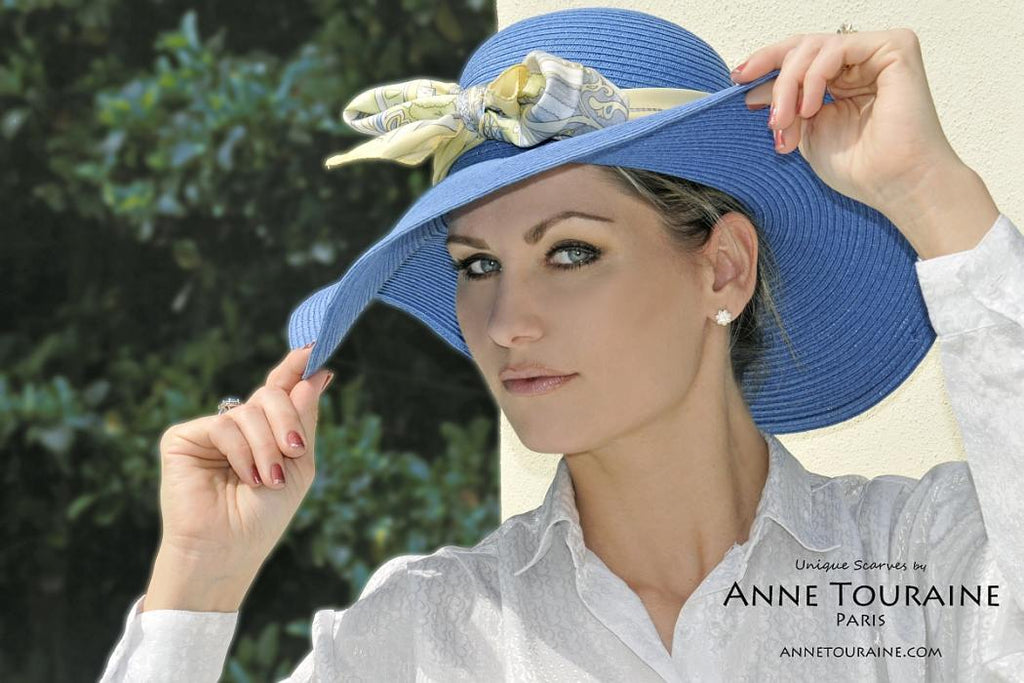 French silk scarves by ANNE TOURAINE Paris™: Paris inspired yellow scarf tied around a hat with a front bow 