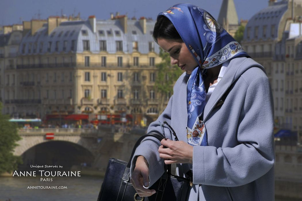   French silk scarves by ANNE TOURAINE Paris™: Nautical blue scarf tied as classic head cover