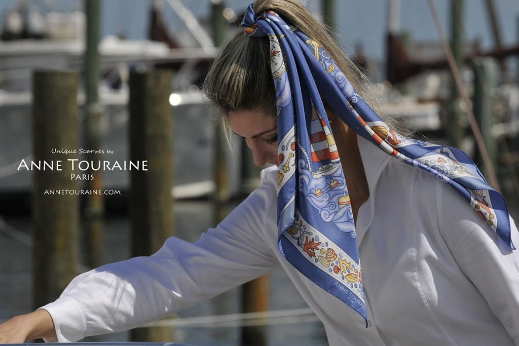  French silk scarves by ANNE TOURAINE Paris™: Nautical blue scarf around a high ponytail