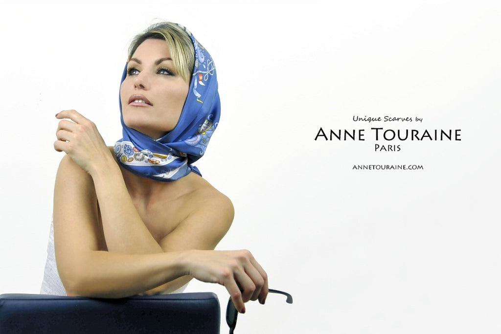French silk scarves by ANNE TOURAINE Paris™: Nautical blue headscarf styled à la Grace Kelly 