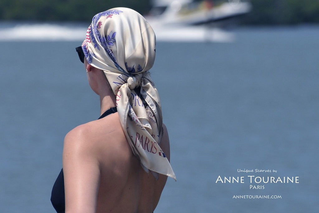 French silk scarves by ANNE TOURAINE Paris™: Paris New York scarf tied as a pirate head scarf