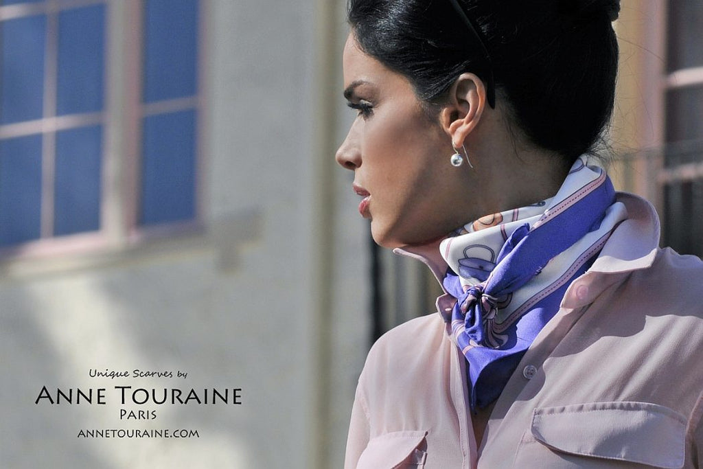  French silk scarves by ANNE TOURAINE Paris™: Blue and white Fashion Accessories scarf tied as a kerchief  