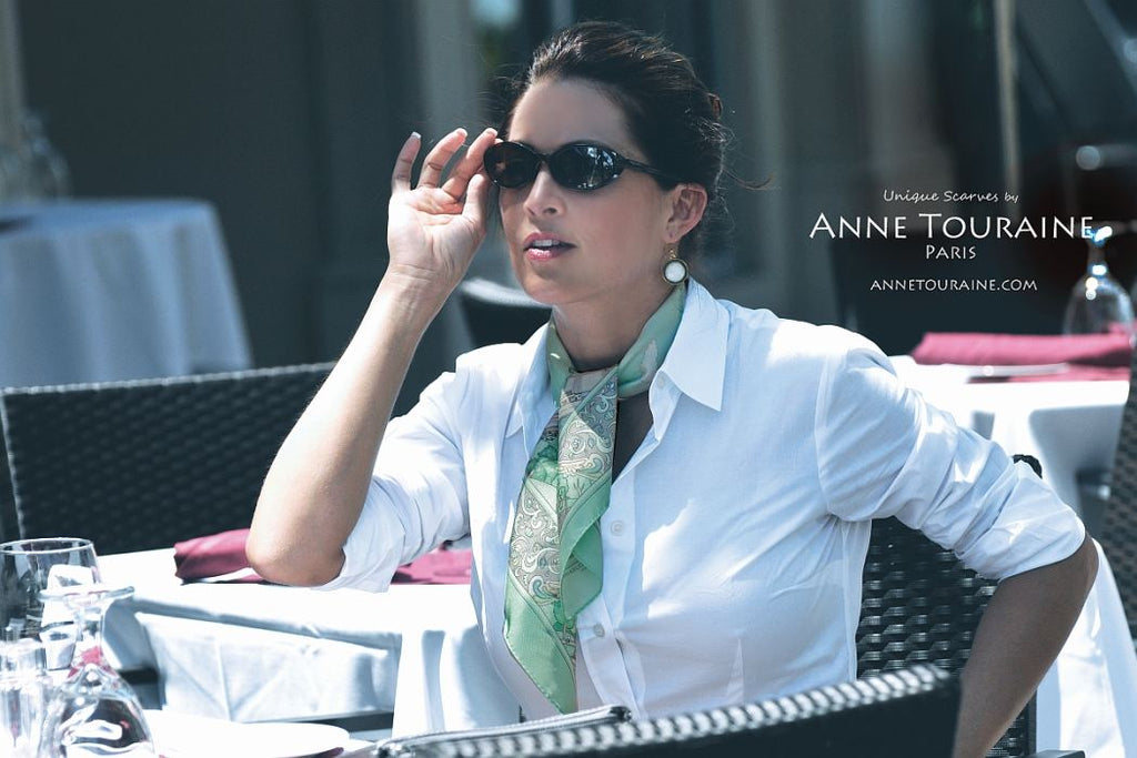 French silk scarves by ANNE TOURAINE Paris™: Paris inspired green scarf simply tied around the neck