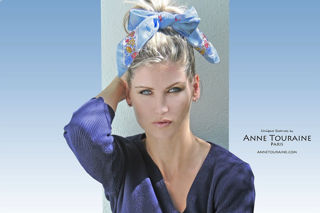 French silk scarves by ANNE TOURAINE Paris™: Nautical blue scarf as a fancy hair scarf with a large knot to the front