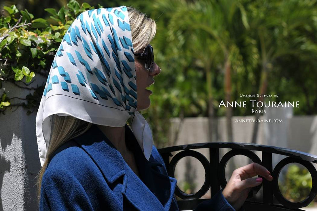  French silk scarves by ANNE TOURAINE Paris™: Teal and white geometric scarf tied as a short headscarf