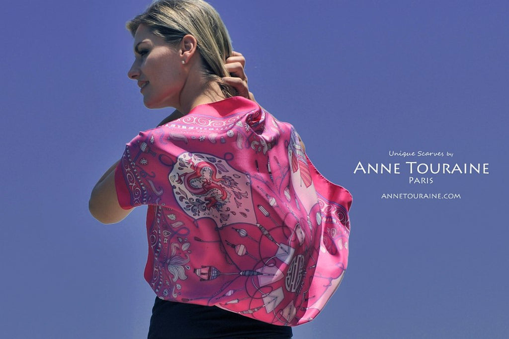  French silk scarves by ANNE TOURAINE Paris™: China inspired hot pink scarf draped in a shawl