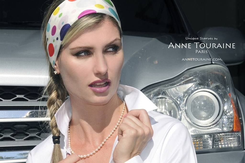 French silk scarves by ANNE TOURAINE Paris™: Multicolor polka dot scarf tied as fancy headband