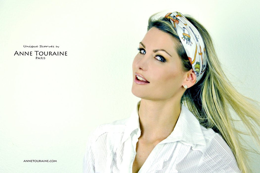 French silk scarves by ANNE TOURAINE Paris™: Green and white Fashion Accessories scarf twisted twice on top the head and tied as a headband