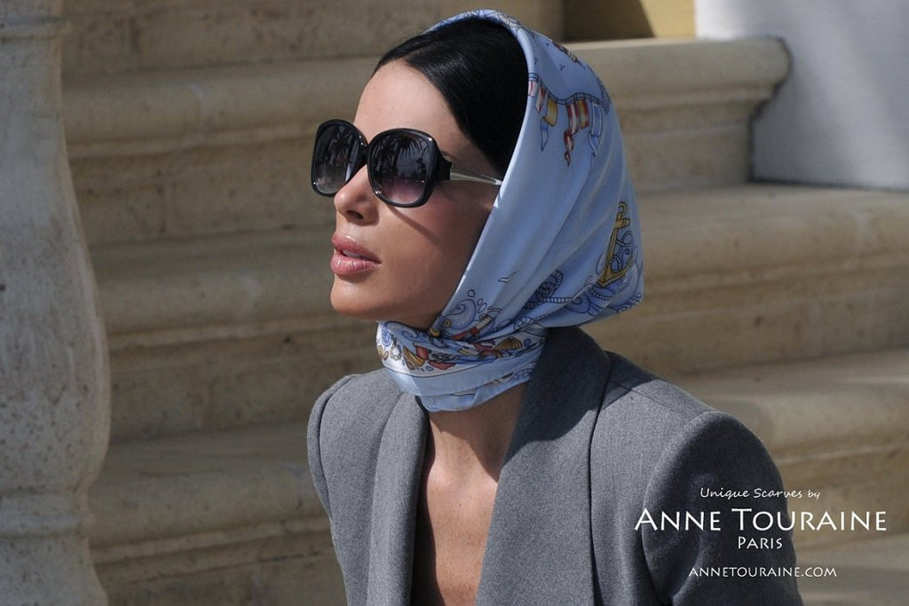French silk scarves by ANNE TOURAINE Paris™: Nautical blue scarf as a Kelly mini headscarf