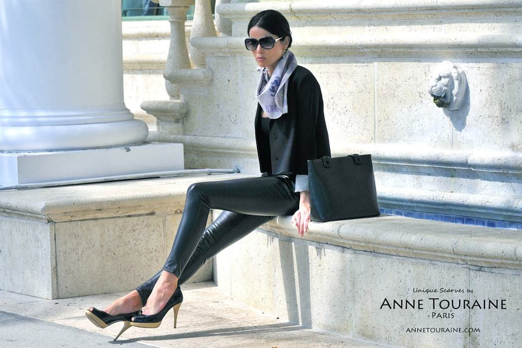  French silk scarves by ANNE TOURAINE Paris™: Paris New York grey scarf tied as a loose kerchief
