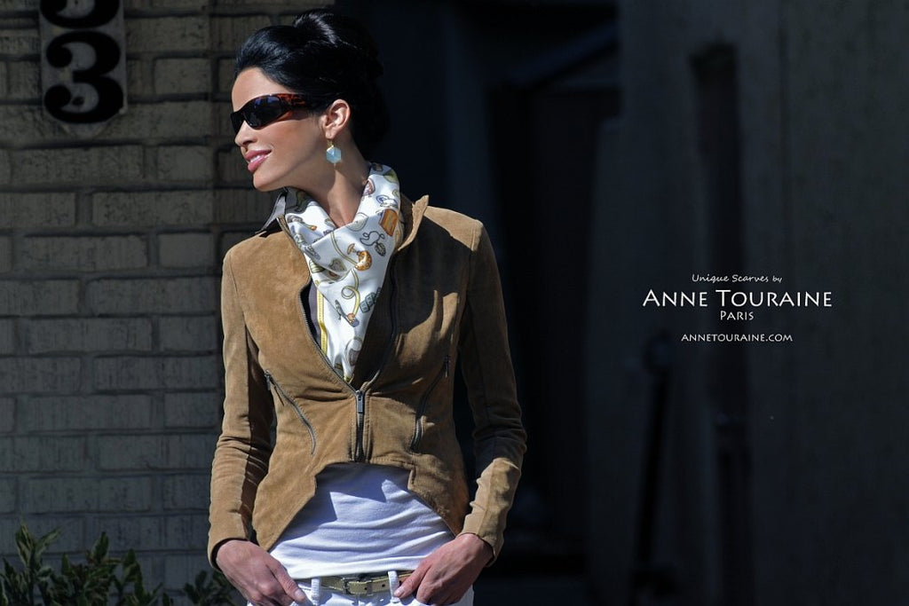 French silk scarves by ANNE TOURAINE Paris™: Brown and white Fashion Accessories scarf as a front fluffy kerchief 