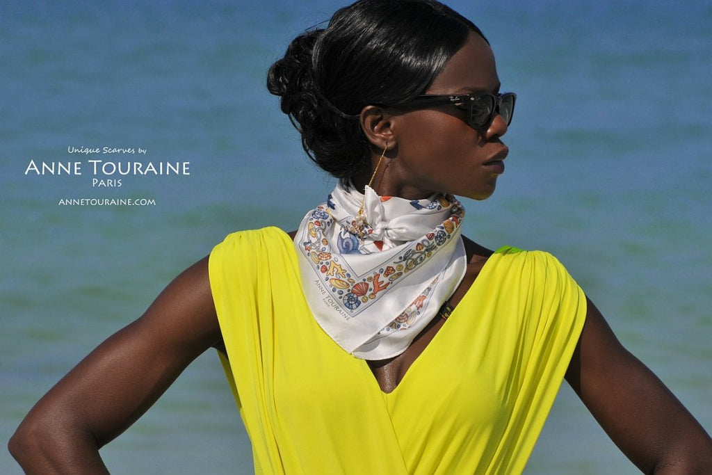  French silk scarves by ANNE TOURAINE Paris™: Nautical grey scarf tied as a fluffy bandana