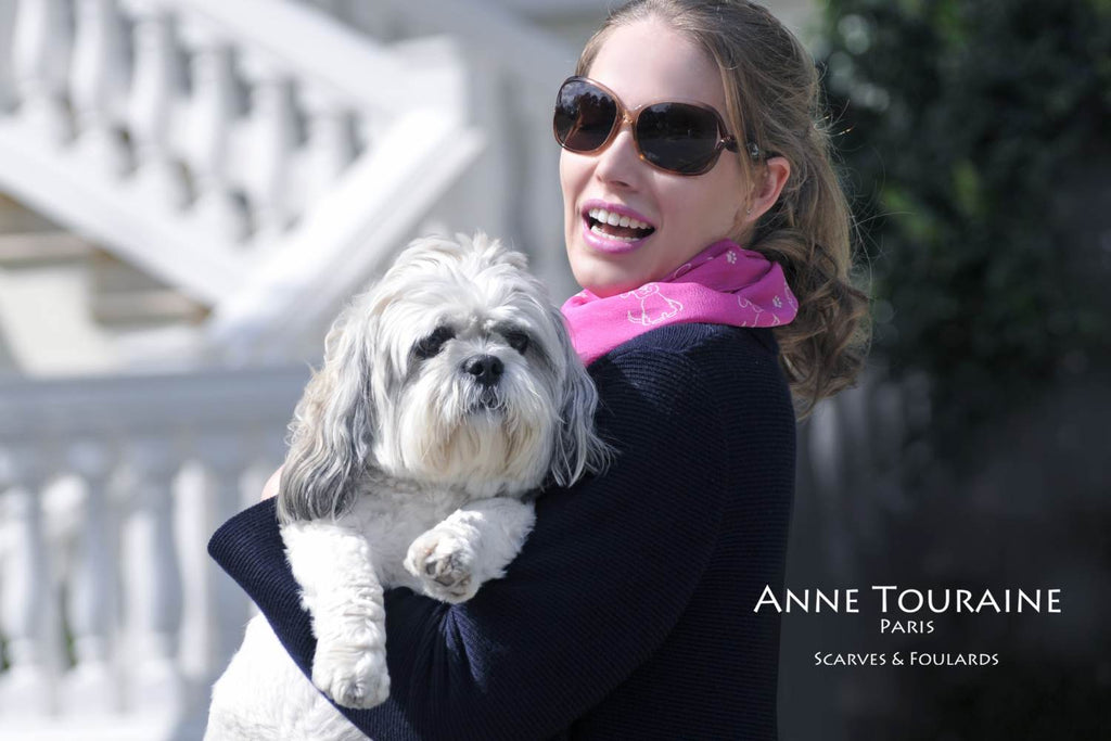 Chiffon silk scarves by ANNE TOURAINE Paris™: pink dog pattern neck scarf