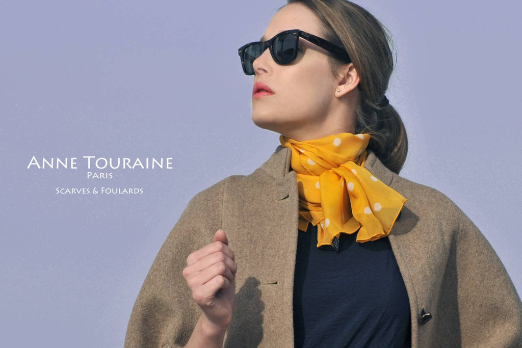 Chiffon silk scarves by ANNE TOURAINE Paris™: orange polka dot scarf wrapped several time around the neck