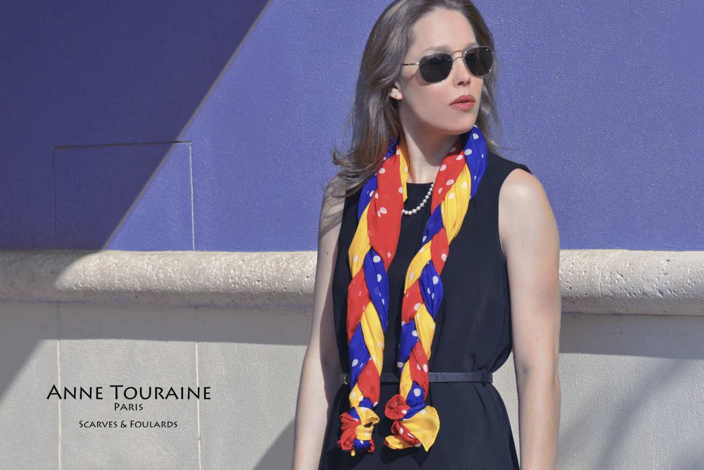 Chiffon silk scarves by ANNE TOURAINE Paris™: three polka dot scarves - yellow, blue, red - braided together for a fun neck scarf