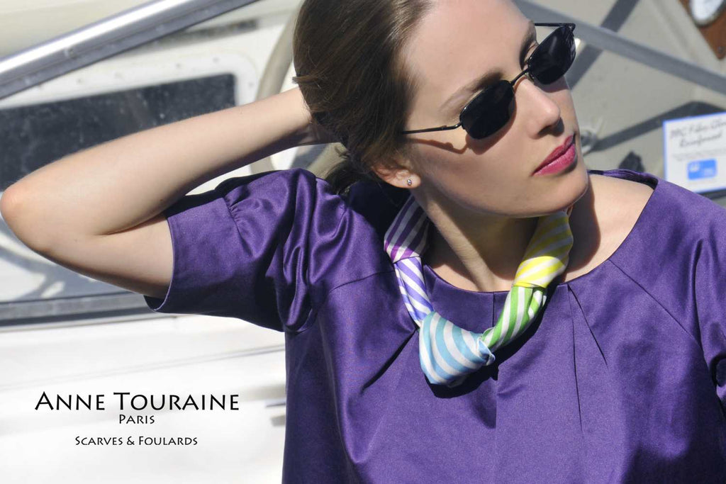 French silk scarves by ANNE TOURAINE Paris™: Striped multicolor scarf with three knots, as a silky necklace