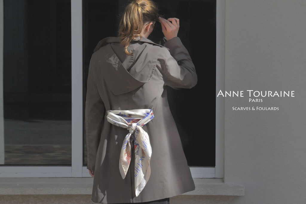 French silk scarves by ANNE TOURAINE Paris™: Paris New York beige scarf styled as a fancy trench coat belt