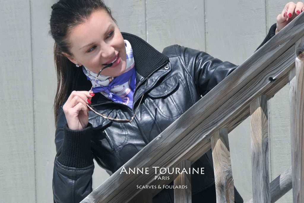French silk scarves by ANNE TOURAINE Paris™: Blue and white Fashion Accessories scarf tied as a kerchief over a leather jacket