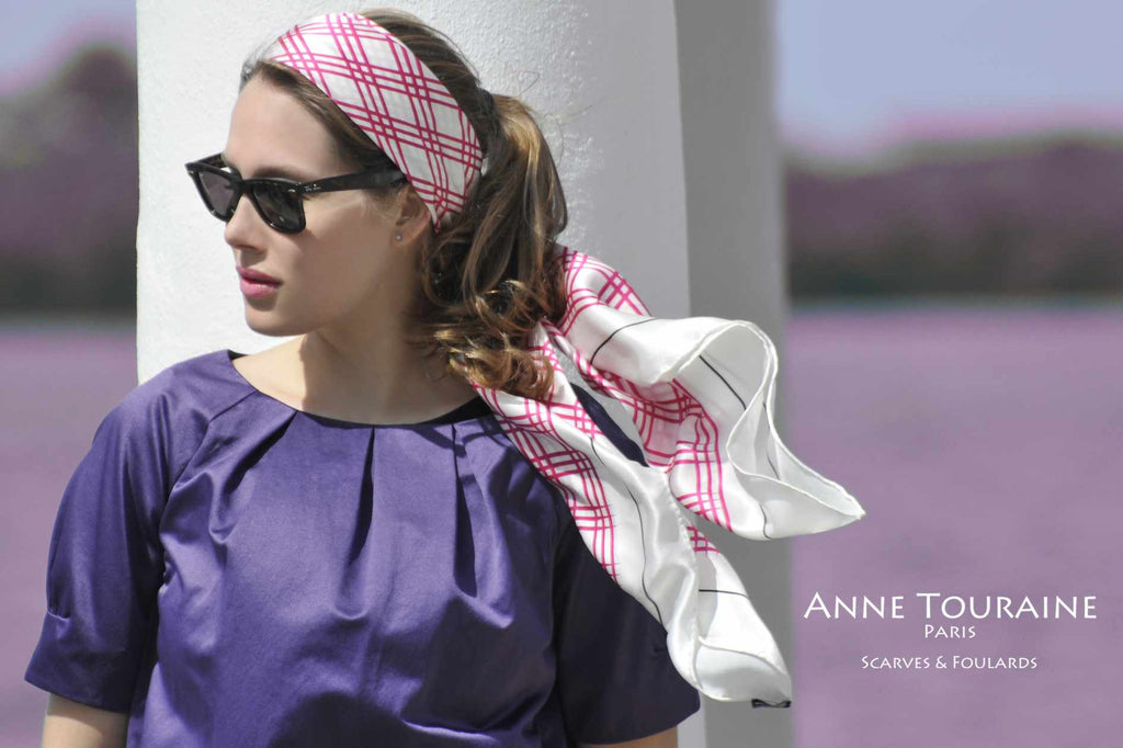 Extra large silk scarves by ANNE TOURAINE Paris™: pink and white silk satin scarf tied as a headband